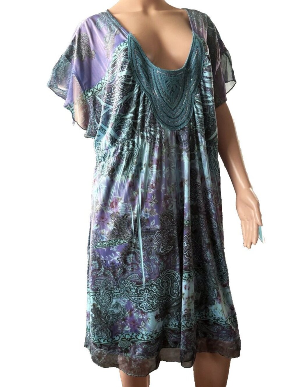 One World Women's 2 X Boho Tunic Top Paisley Floral Blues & Purples EUC
